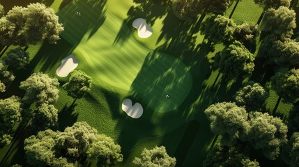 A 3D rendered aerial view of a golf course with a sportsman driving the ball, showcasing the expansive golf course, the trajectory of the ball, and the athletic stance of the golfer Created Usi
