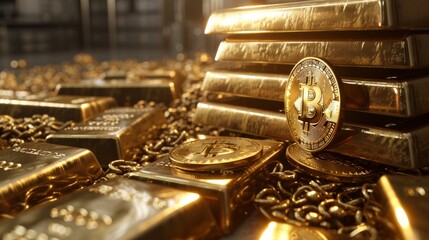 A 3D rendered image of a Bitcoin hologram hovering over a pile of gold bars, showcasing the futuristic aspect of cryptocurrency in contrast to the tangible solidity of gold, set in a secure vau