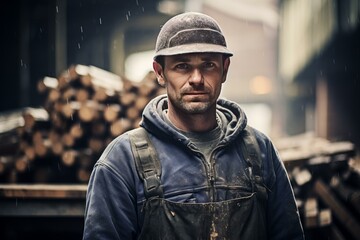 Sawmill worker portrait. Board tool equipment carpenter tree. Generate Ai - obrazy, fototapety, plakaty