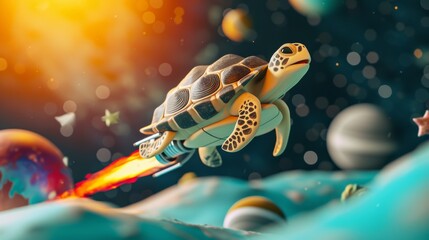 A 3D rendered image of a cartoon-style turtle on top of a futuristic rocket, blasting off into space with planets and stars in the background, capturing the turtle's thrilling ride and the vast