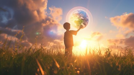 A 3D rendered image of a child in a field, holding up a glowing, transparent globe towards the sky, showcasing the dream of a sustainable and healthy planet, set in a context that blends realit
