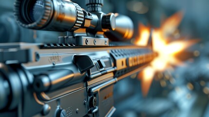 A 3D rendered image of a close-up view of an M16 rifle firing, focusing on the detailed mechanics of the gun, the firing process, and the precise movement of the parts, set in a high-tech milit