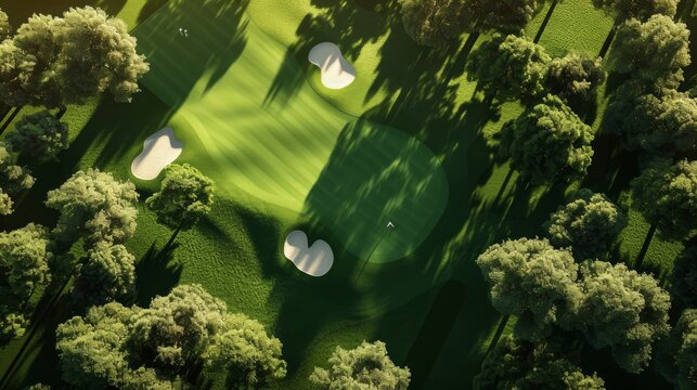 A 3D rendered aerial view of a golf course with a sportsman driving the ball, showcasing the expansive golf course, the trajectory of the ball, and the athletic stance of the golfer Created Usi