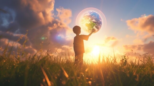 A 3D rendered image of a child in a field, holding up a glowing, transparent globe towards the sky, showcasing the dream of a sustainable and healthy planet, set in a context that blends realit