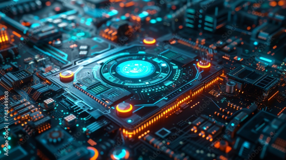 Fototapete a 3d rendered image of a futuristic gpu integrated into an advanced computer system, with holographi