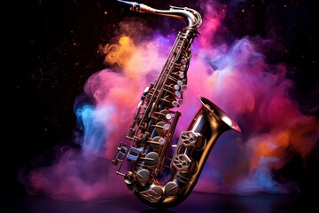 Saxophone galaxy. Brass musical instrument on a dark background. Generate AI