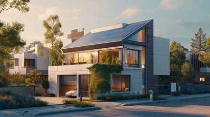 A 3D rendered image of a futuristic smart home with an elegant rooftop solar panel setup, featuring smart windows, automated doors, and energy-efficient systems, set in an advanced urban neighb