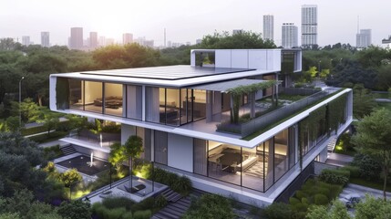 A 3D rendered image of a futuristic smart home with an elegant rooftop solar panel setup, featuring smart windows, automated doors, and energy-efficient systems, set in an advanced urban neighb