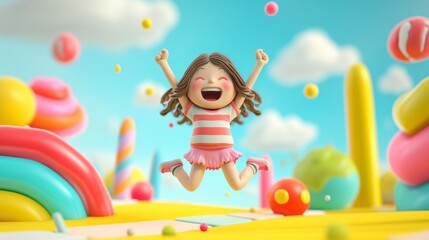 Naklejka premium A 3D rendered image of a girl cartoon character jumping for joy, with a big smile on her face and arms raised in excitement, set against a vibrant and playful background, capturing the essence