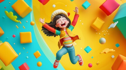 Fototapeta premium A 3D rendered image of a girl cartoon character jumping for joy, with a big smile on her face and arms raised in excitement, set against a vibrant and playful background, capturing the essence