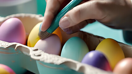Fototapeta na wymiar Bright Close-up of a woman painting Easter eggs by hand