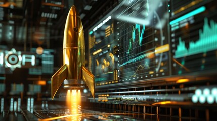 A 3D rendered image of a golden rocket at the moment of launch, with digital screens showing live stock trading data and bullish charts around it, set in a high-tech trading floor environment,