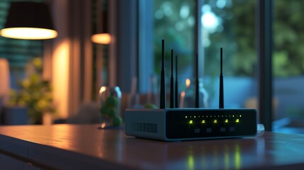 A 3D rendered image of a high-speed internet router in a home, depicting the user's interaction with the device and the immediate improvement in internet speed and connectivity Created Using gr - obrazy, fototapety, plakaty