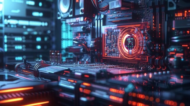 A 3D rendered image of a futuristic GPU integrated into an advanced computer system, with holographic displays showing real-time graphics processing and software algorithms, highlighting the cu