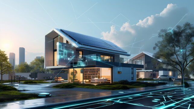 A 3D rendered image of a futuristic smart home with an elegant rooftop solar panel setup, featuring smart windows, automated doors, and energy-efficient systems, set in an advanced urban neighb