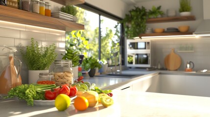 A 3D rendered image of a modern, clean kitchen with a variety of clean foods displayed on the...