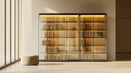 A 3D rendered image of a modern, minimalist bookshelf with books enclosed in a clear glass case, focusing on the sleek design and the interplay of light on the glass surface, set in a contempor
