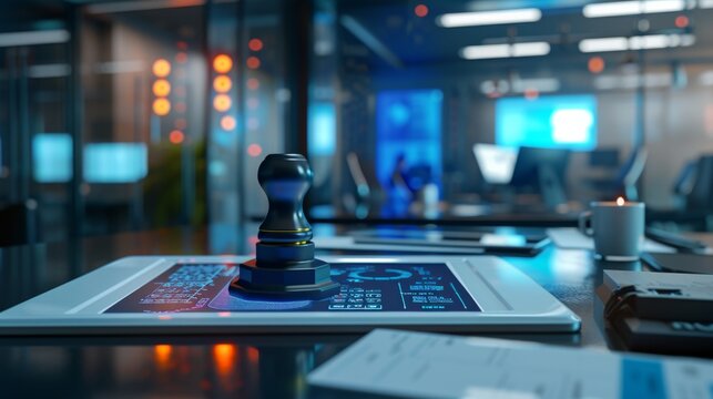 A 3D rendered image of a modern, digital approval stamp being used on an electronic document on a tablet, showcasing the evolution of approval methods in the digital age, set in a high-tech off