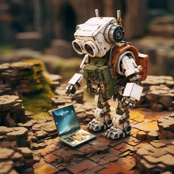 A toy like robot in the style of Lego exploring ancient ruins with a map juxtaposing childhood wonder with advanced technology