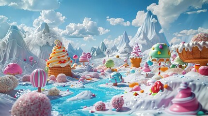 A whimsical landscape of Ice Cream Land, where the mountains are peaks of frozen treats and the valleys are filled with layers of soft serve Candy decorations adorn the scenery, creating a play - obrazy, fototapety, plakaty