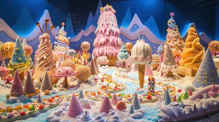 A whimsical landscape of Ice Cream Land, where the mountains are peaks of frozen treats and the valleys are filled with layers of soft serve Candy decorations adorn the scenery, creating a play