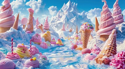 A whimsical landscape of Ice Cream Land, where the mountains are peaks of frozen treats and the valleys are filled with layers of soft serve Candy decorations adorn the scenery, creating a play