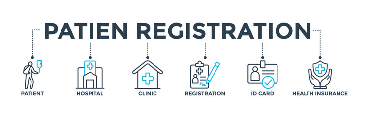 Patient registration banner concept with icon of patient, hospital, clinic, registration, id card and health insurance. Web icon vector illustration