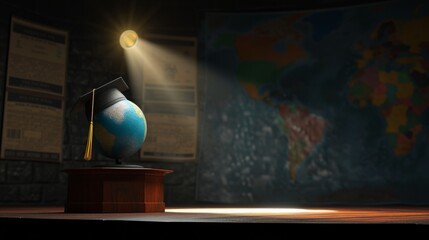A 3D rendered image of a small globe wearing a graduation cap, illuminated under a spotlight on a stage, with a backdrop of graduation certificates and global landmarks, emphasizing the celebra