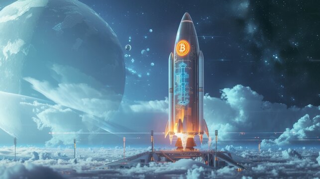 A 3D rendered image of a sleek, futuristic rocket with Bitcoin symbols, launching from a high-tech platform with digital screens showing Bitcoin value skyrocketing, set against a backdrop of a