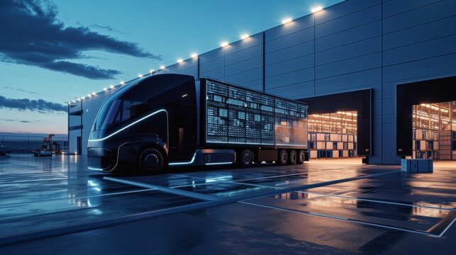 A 3D rendered image of a sleek, futuristic truck parked in front of a high-tech logistics warehouse, showcasing advanced technology in transportation and logistics, with digital displays and au