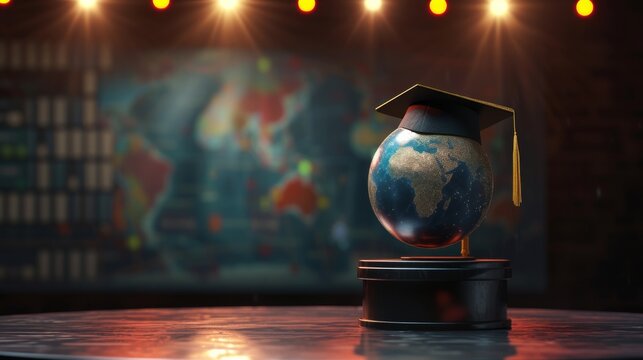 A 3D rendered image of a small globe wearing a graduation cap, illuminated under a spotlight on a stage, with a backdrop of graduation certificates and global landmarks, emphasizing the celebra
