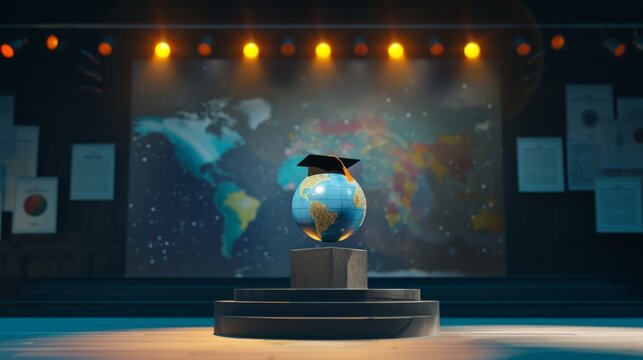 A 3D rendered image of a small globe wearing a graduation cap, illuminated under a spotlight on a stage, with a backdrop of graduation certificates and global landmarks, emphasizing the celebra