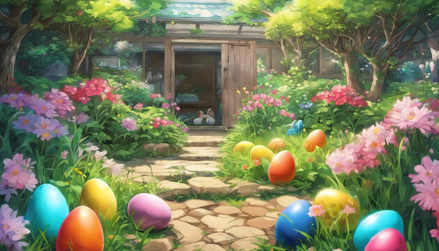 Bright colorful hidden easter eggs hidden in the garden