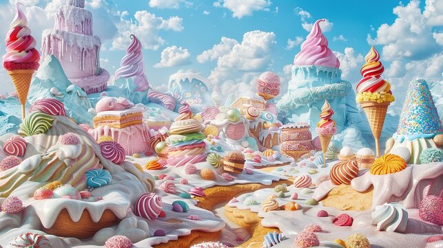 A whimsical landscape of Ice Cream Land, where the mountains are peaks of frozen treats and the valleys are filled with layers of soft serve Candy decorations adorn the scenery, creating a play