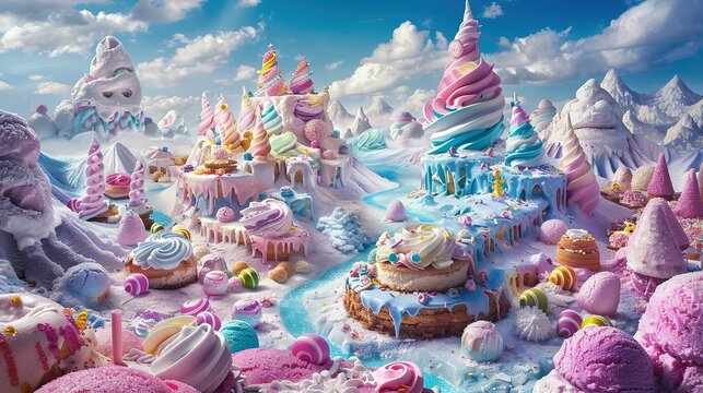 A whimsical landscape of Ice Cream Land, where the mountains are peaks of frozen treats and the valleys are filled with layers of soft serve Candy decorations adorn the scenery, creating a play