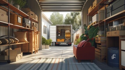 A 3D rendered image of a worker efficiently organizing household items in a moving truck, showcasing the interior of the truck filled with neatly arranged belongings, set in a suburban setting, - obrazy, fototapety, plakaty