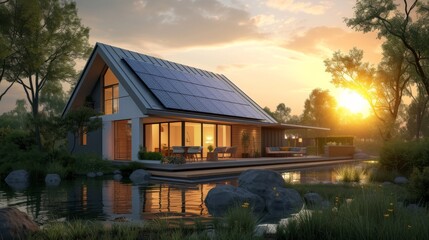 A 3D rendered image of an eco-friendly house during sunset, with the solar panels on the roof absorbing the last rays of the sun, emphasizing the efficiency of solar energy in a picturesque and