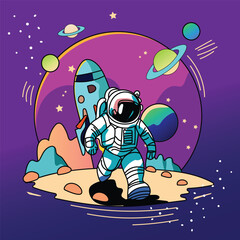 Abstract Space Astronaut on a alien planet walking concept vector illustration with rocket and planets in the sky. 