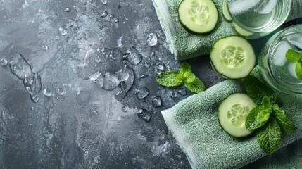 Refreshing cucumber water and towels, detox and hydration theme