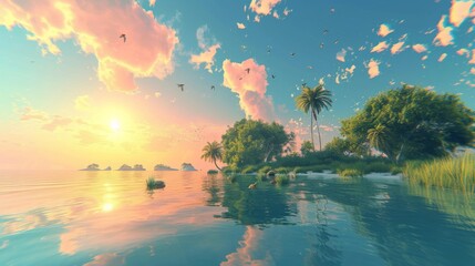 A 3D rendered image of sequence depicting a day on a beautiful island, from sunrise to sunset, with scenes of clear skies, lush landscapes, and happy wildlife, narrating the story of the island