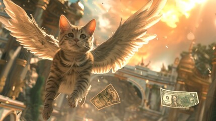 A 3D rendered image of the adventurous journey of a winged cat flying through various fantastical landscapes with a dollar bill, with panels depicting the playful interactions and whimsical dis