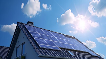 Fototapeta premium A 3D rendered image of the installation and activation of solar panels on a house roof, with panels depicting the process from setup to the generation of electricity, in a narrative format that