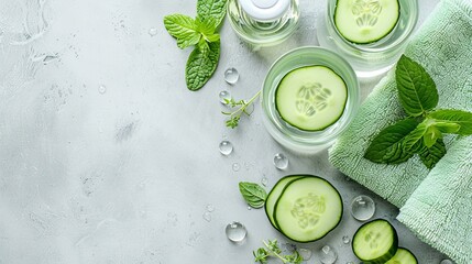 Refreshing cucumber water and towels, detox and hydration theme - obrazy, fototapety, plakaty