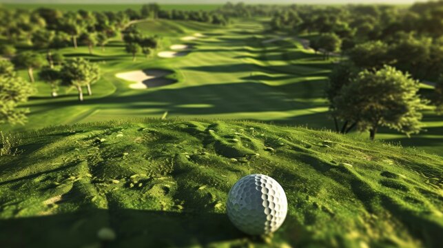 A 3D rendered image of sequence showing different perspectives of a golf ball on a beautiful fairway, including aerial views and ground-level shots, narrating the golf ball's journey in a capti