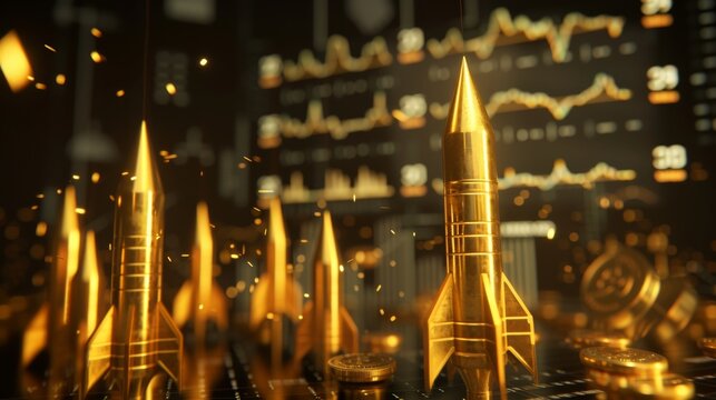A 3D rendered image of the launch of a golden rocket, with each panel representing different stages of stock market growth, from investment and analysis to peak trading and success, in a narrat
