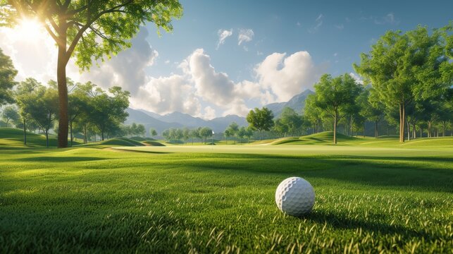 A 3D rendered image showcasing a wide-angle view of a golf course with a golf ball prominently positioned on the fairway, highlighting the expansive, well-groomed landscape and the idyllic golf