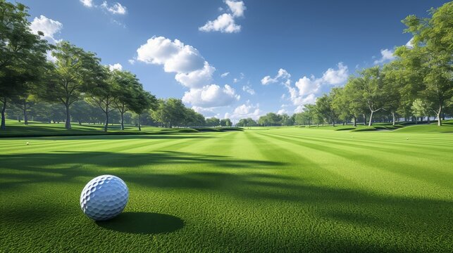 A 3D rendered image showcasing a wide-angle view of a golf course with a golf ball prominently positioned on the fairway, highlighting the expansive, well-groomed landscape and the idyllic golf
