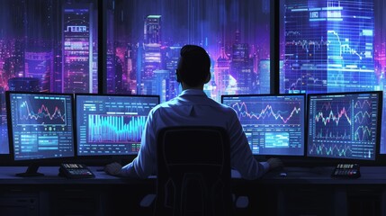 A digital illustration of a focused businessman analyzing multiple computer screens with margin future charts in a high-tech trading office The office is modern, with a city skyline in the back - obrazy, fototapety, plakaty