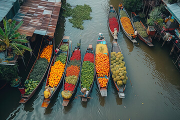 Bangkok Floating Market aerial view, Damnoen Saduak boat market, popular tourist destination