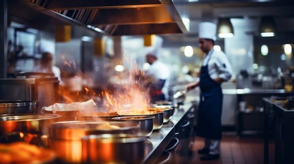 Fototapeta na wymiar Restaurant kitchen with cooking in the open kitchen blurred background.